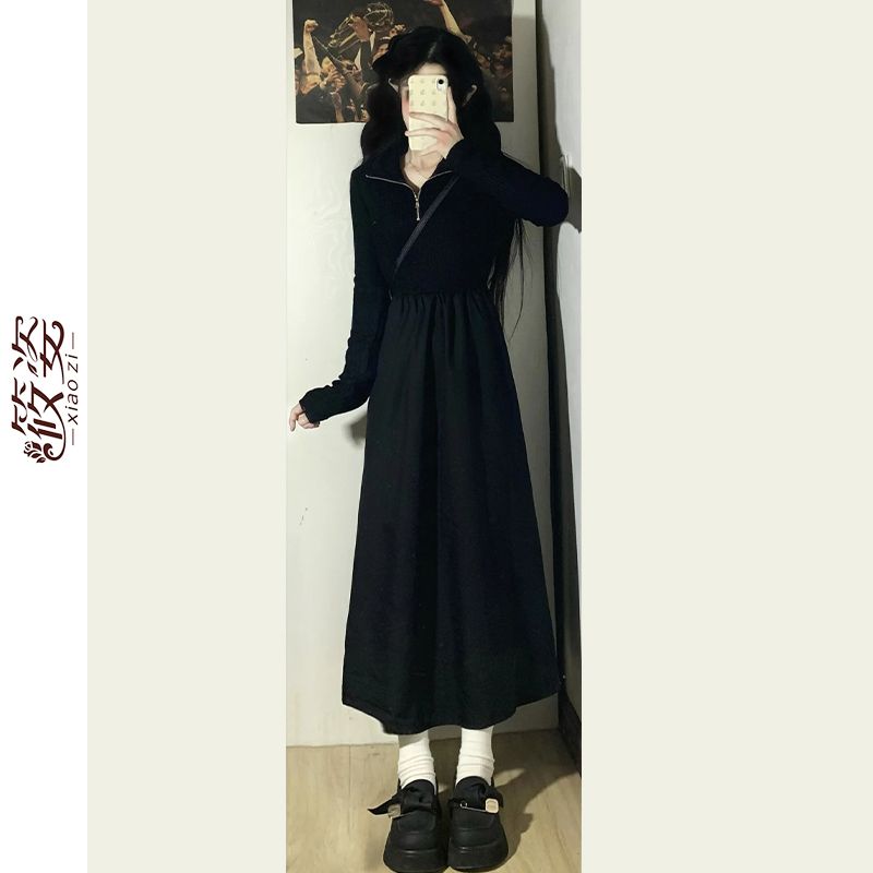 筱姿法式新款赫本風黑色長袖連衣裙女美拉德修身收腰設計感長裙子