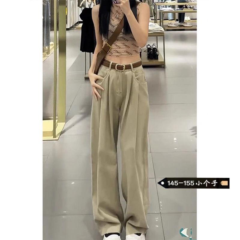 小個子高腰褶皺闊腿牛仔褲女秋季新款垂感寬鬆顯瘦拖地直筒長褲潮