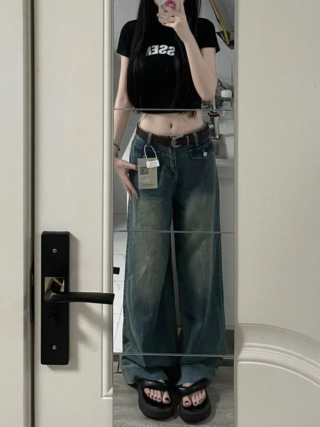 美式復古高街直筒牛仔褲女2023秋季新款設計感寬鬆顯瘦高腰闊腿褲