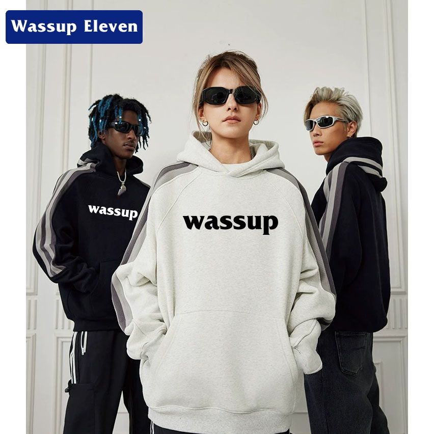 WASSUP美式潮牌拼接基礎印花插肩袖帽衫外套重磅情侶連帽衛衣男女