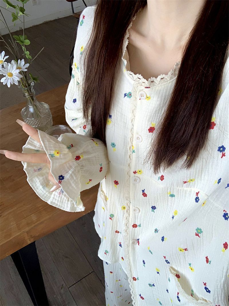 ins風甜美碎花睡衣女春秋季新款韓版長袖長褲外穿宿舍居家服套裝