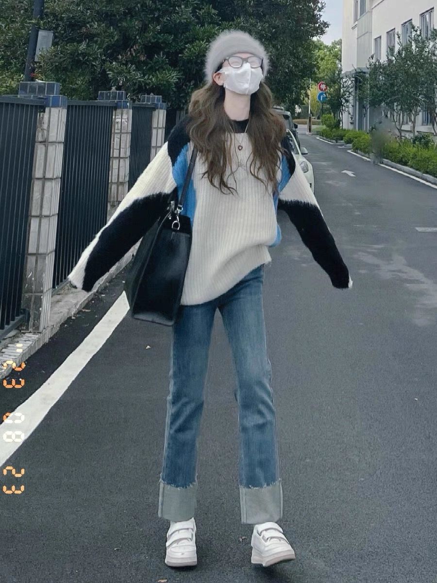 慵懶風撞色女2023秋冬新款別致小眾高級感針織衫上衣