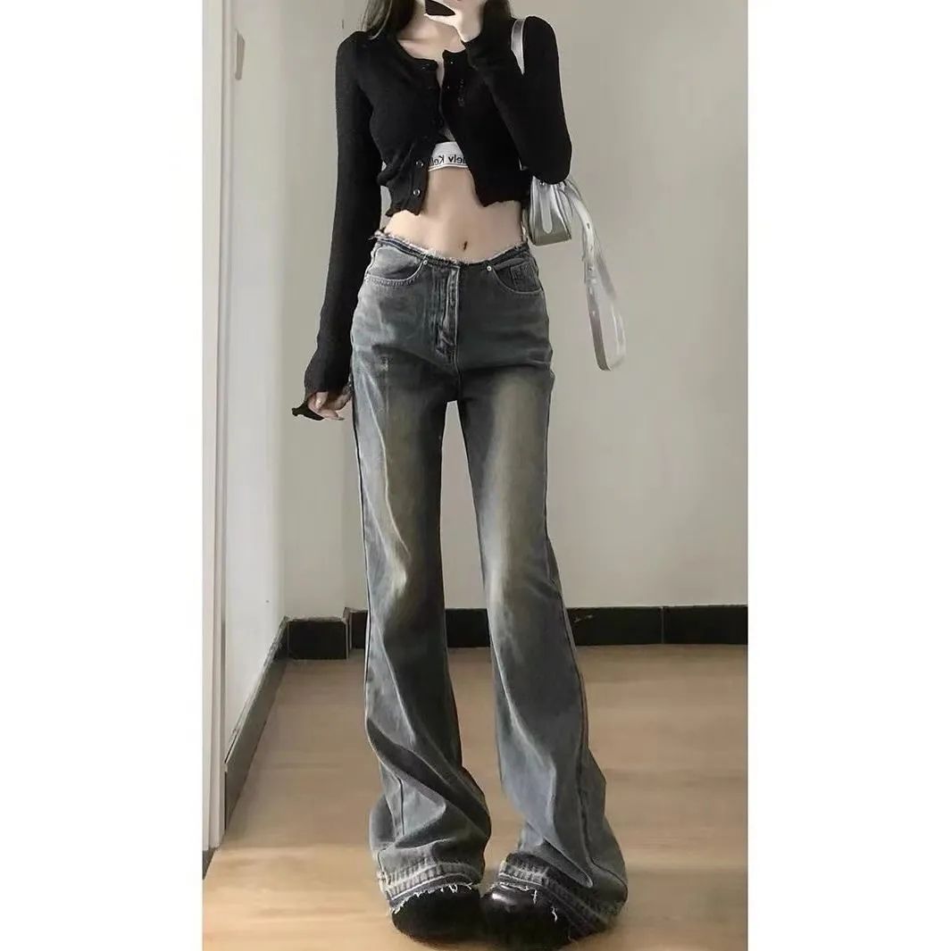 辣妹復古做舊毛邊微喇褲喇叭褲牛仔褲女美式高街低腰闊腿拖地褲子
