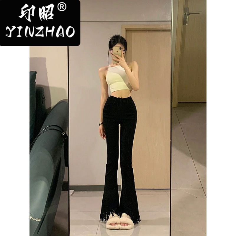 【印昭YINZHAO】黑色流蘇微喇叭牛仔褲女新款高腰修身毛邊時地褲
