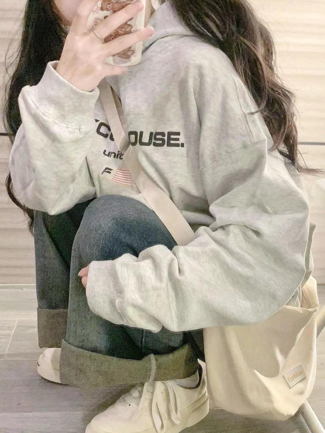 Spring and Autumn floral gray printed pullover hooded sweatshirt for women, loose, casual, slim, long-sleeved tops, outer wear ins