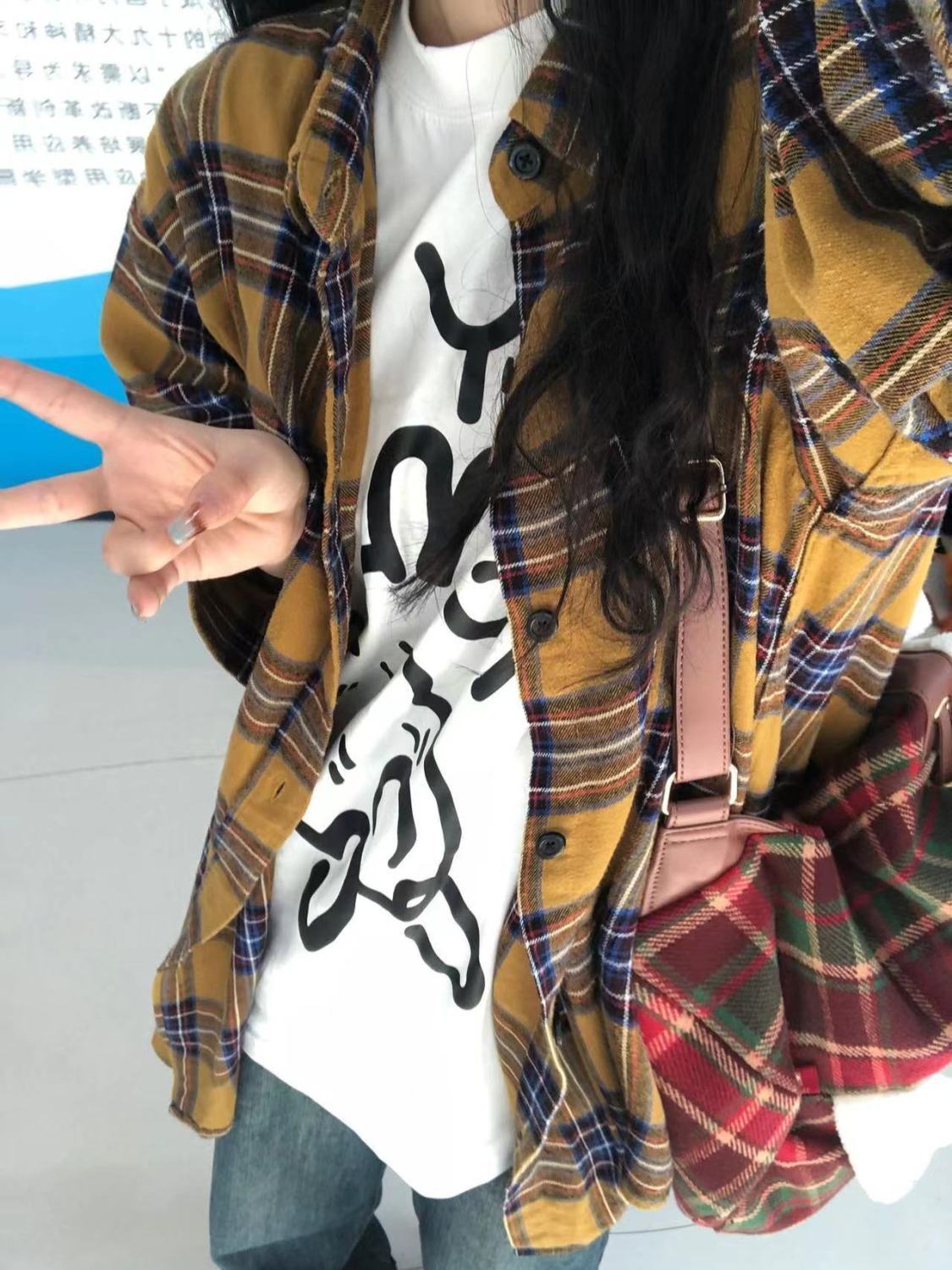 美式復古chic黃格子襯衫女個性潮流寬鬆休閒顯瘦襯衣外穿開衫ins