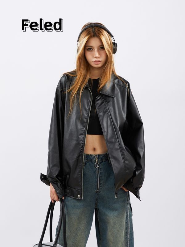Feira Denton's new versatile leather jacket for men and women, loose and slim, American retro sweet and cool motorcycle trendy jacket