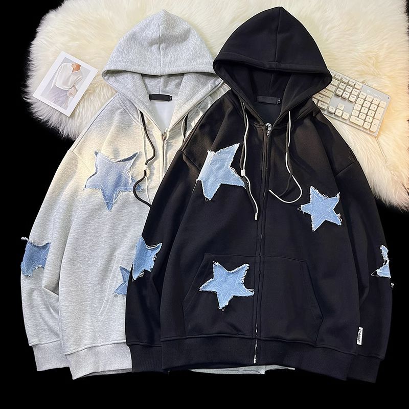 美式嘻哈hiphop衛衣男秋季潮流貼布星星開衫外套重磅寬鬆情侶上衣