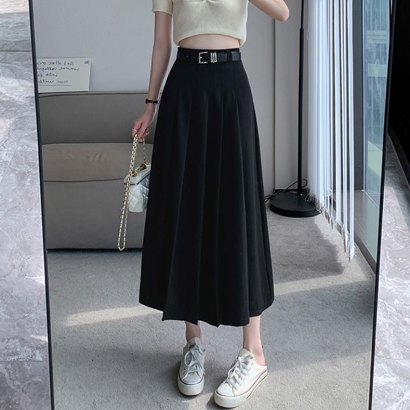 Plus size fat mm gray suit skirt for women spring and autumn mid-length pleated skirt high waist slim drape A-line skirt