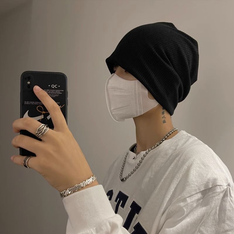 Black hat men's spring and autumn woolen hat cold hat big head circumference turban knitted hat winter warm pile hat for men