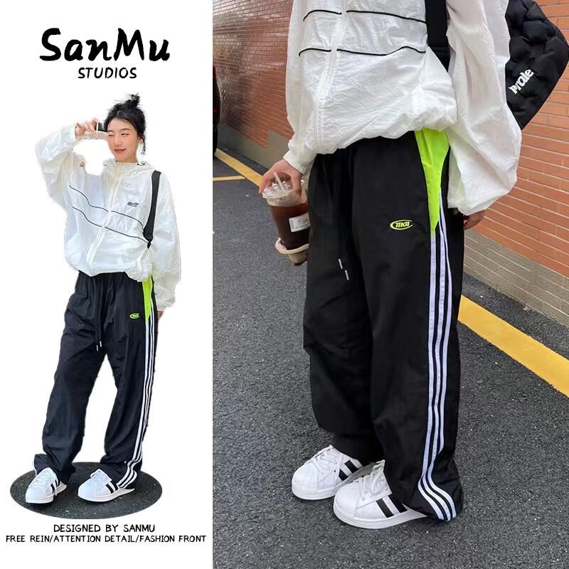 美式vibe復古撞色直筒運動褲男女款寬鬆嘻哈街舞速干休閒百搭長褲