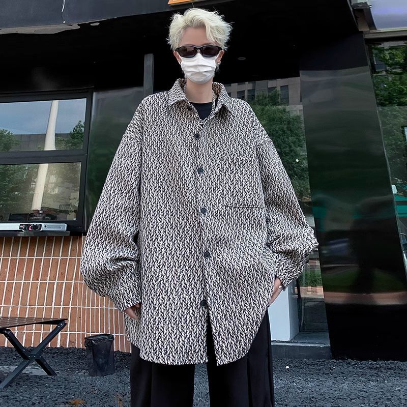 小香風毛呢外套男士春秋季日系復古休閒夾克潮牌ins寬鬆情侶上衣