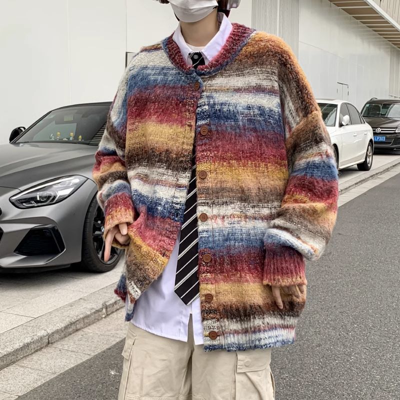 漸變扎染毛衣男款潮流美式復古寬鬆開衫外套軟糯慵懶風情侶針織衫