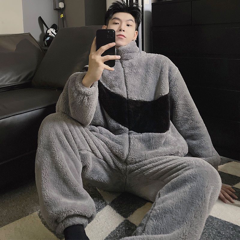 睡衣男冬季三層加厚珊瑚絨夾棉保暖寬鬆青少年帥氣休閒家居服套裝