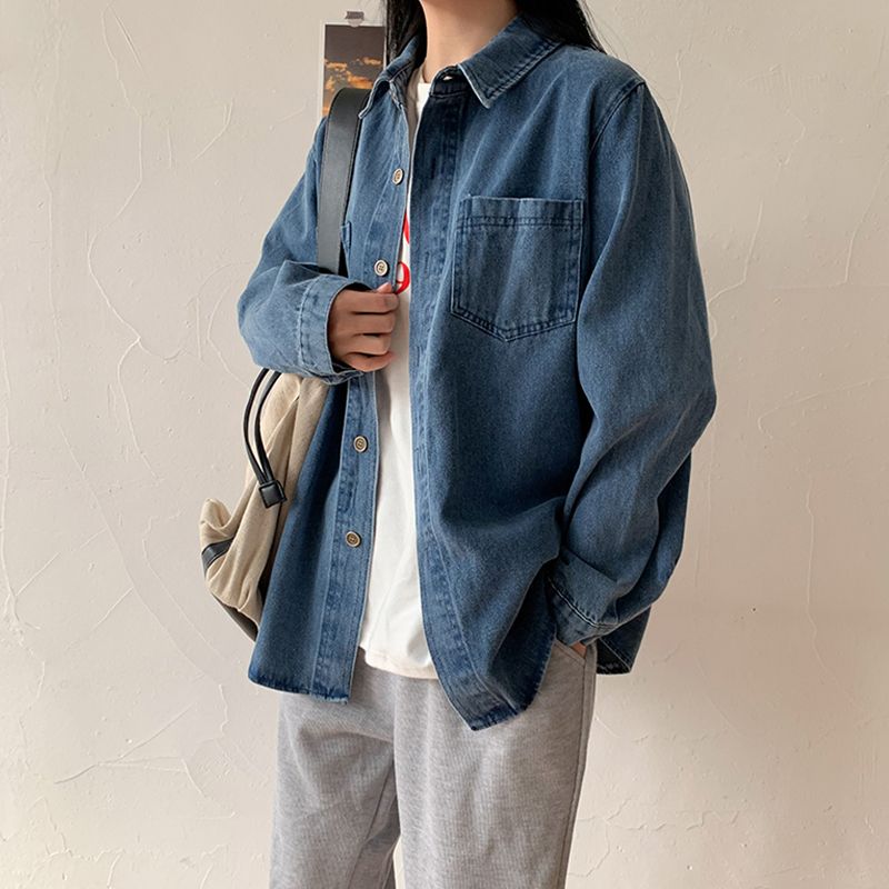 牛仔襯衫女春秋季洋氣設計感長袖上衣外穿襯衣高個子外套牛仔開衫