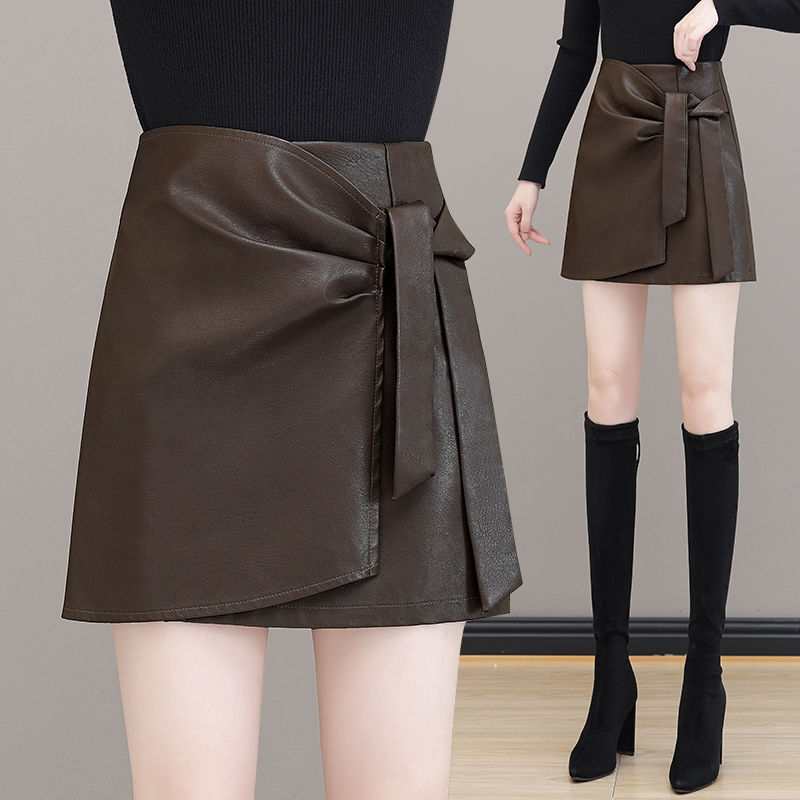 Velvet thickened leather skirt design high-waisted skirt for women 2023 autumn and winter new high-waisted A-line strappy skirt