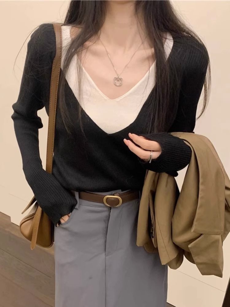 大領口V領針織衫女內搭秋季寬鬆黑色打底衫設計感假兩件長袖上衣