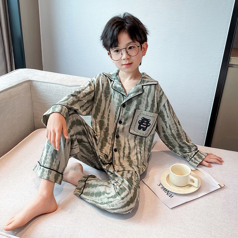 Children's pajamas for boys spring and autumn thin pure cotton long-sleeved suit 12-year-old middle-aged and older boys home clothes  new style