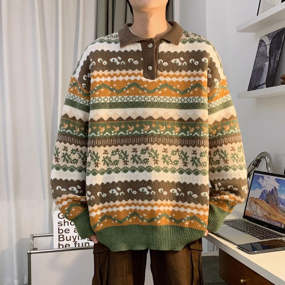 日系復古提花針織衫男士秋季寬鬆polo領毛衣潮流休閒情侶線衣外套