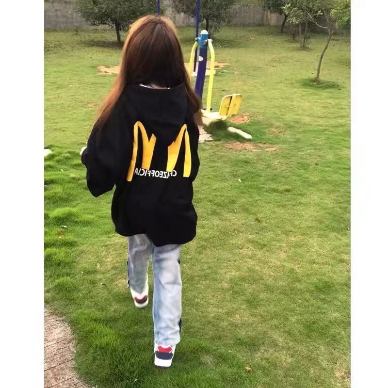 美式復古小眾設計連帽衛衣女春秋冬薄款加絨寬鬆學院風高街外套潮