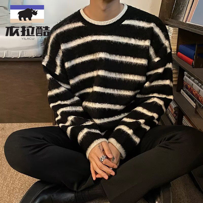2023條紋毛衣男秋冬韓版潮流寬鬆ins毛絨針織衫慵懶風線衣外套