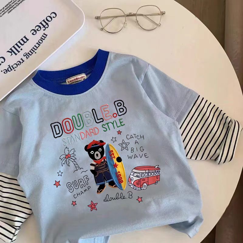 Boys' fake two-piece long-sleeved T-shirt Japanese autumn new style children's baby car cartoon style cotton top