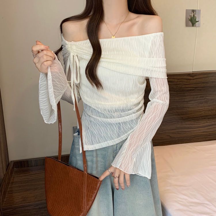 辣妹長袖一字肩喇叭袖上衣女秋季新款小眾設計感抽繩薄款防曬T恤
