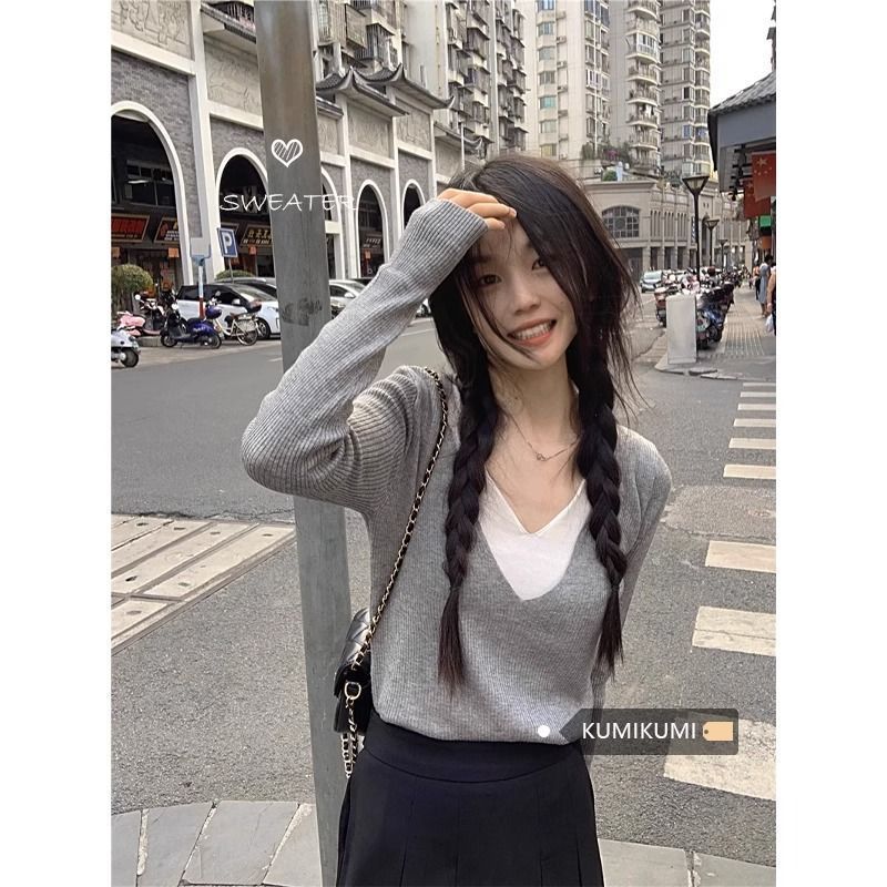 甜美外穿設計感假兩件長袖針織衫女裝秋季氣質V領顯瘦打底衫上衣
