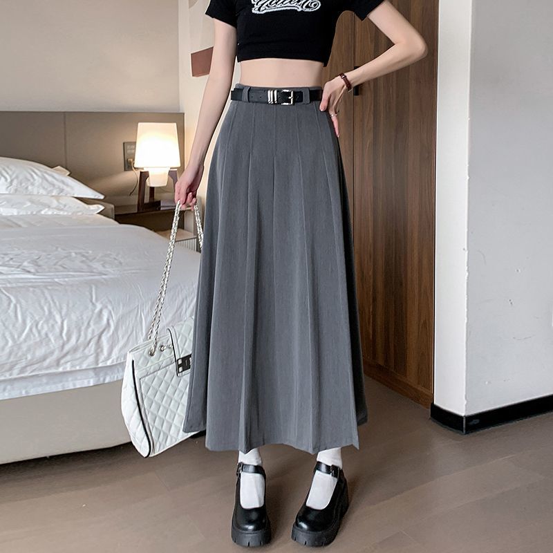 Plus size fat mm gray suit skirt for women spring and autumn mid-length pleated skirt high waist slim drape A-line skirt