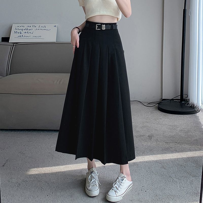 Plus size fat mm gray suit skirt for women spring and autumn mid-length pleated skirt high waist slim drape A-line skirt