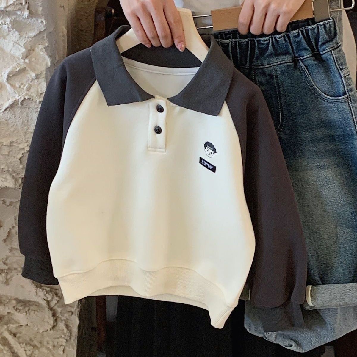 Korean children's clothing  autumn new children's clothing children's versatile raglan sweatshirt boys trendy cool POLO shirt composite