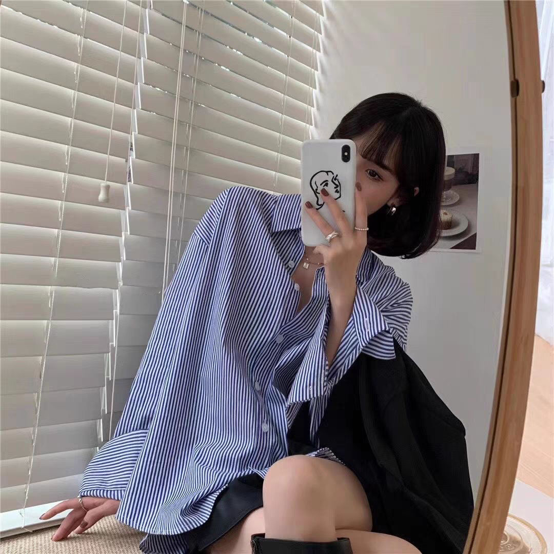 格瑞吉奧法式條紋襯衫外套女秋冬加絨設計感小眾別致氣質打底上衣