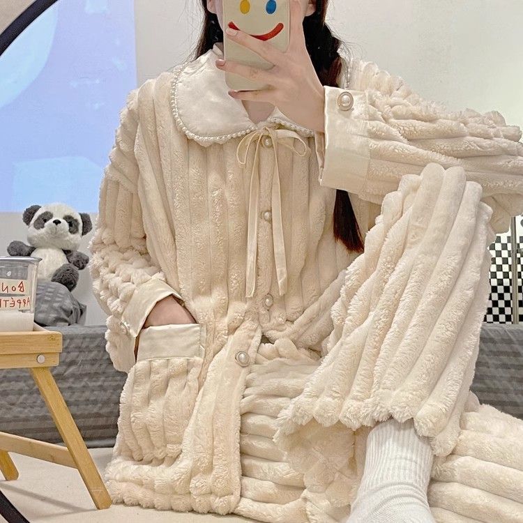 珊瑚絨睡衣女冬季加絨加厚2023新款長袖大碼保暖法蘭絨家居服套裝
