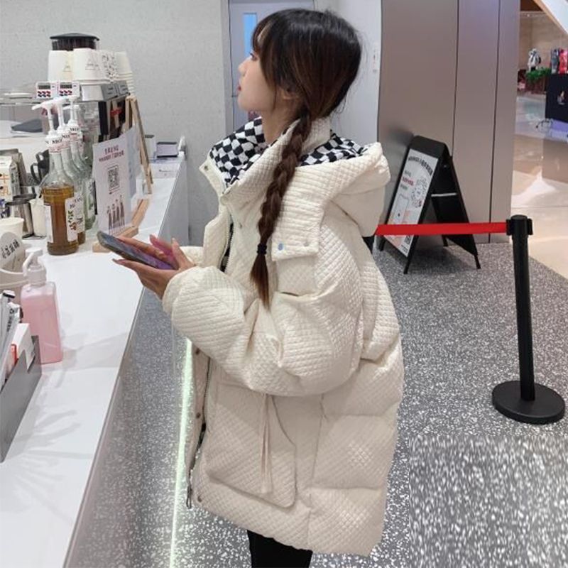 設計感華夫格棉服女2023冬季棋盤格棉衣韓版連帽寬鬆棉襖短款外套