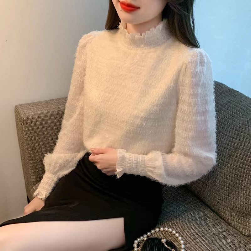 2023秋冬新款韓版蕾絲衫半高領套頭打底仙氣百搭小衫長袖女