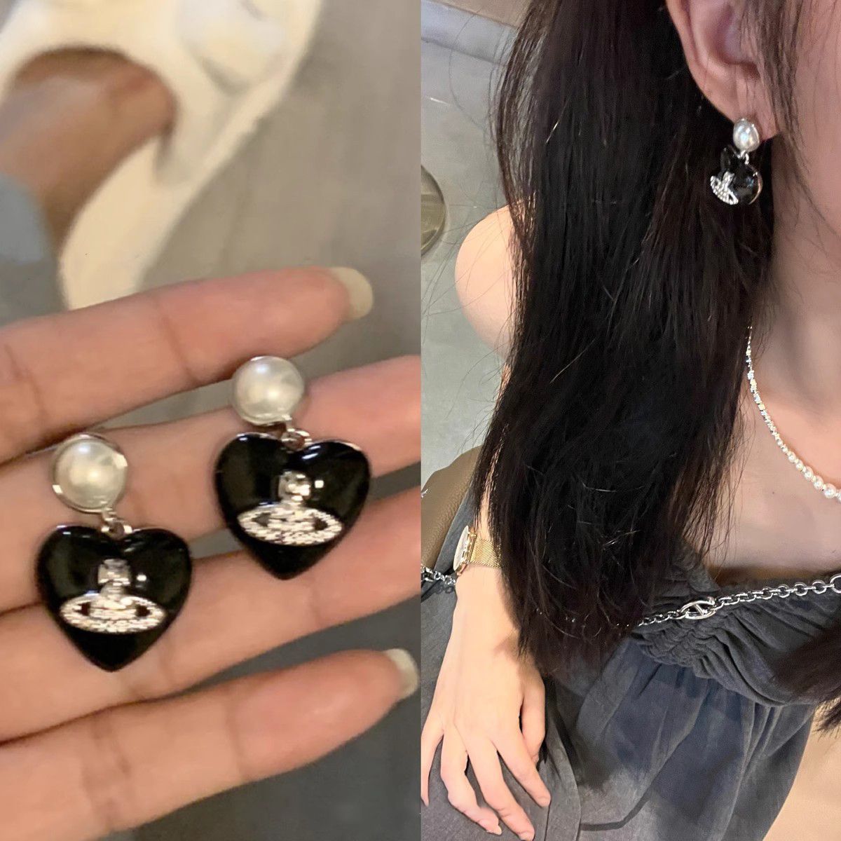 Queen Mother of the West Black Heart-set Diamond Saturn Pearl Earrings Internet Celebrity Classic Versatile Niche Design Temperament Earrings