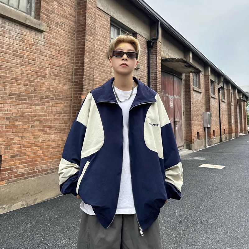 春秋季休閒衝鋒衣潮牌ins撞色拼接立領夾克美式寬鬆情侶男士外套