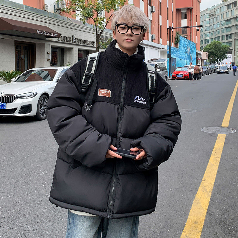 ins拼接棉服男外套秋冬季加厚棉衣服刺繡立領棉襖帥氣外穿麵包服