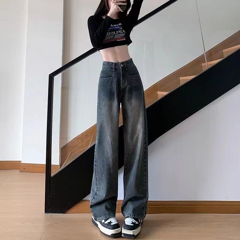 復古做舊闊腿牛仔褲女早秋新款梨形身材高腰寬鬆垂感直筒拖地褲子