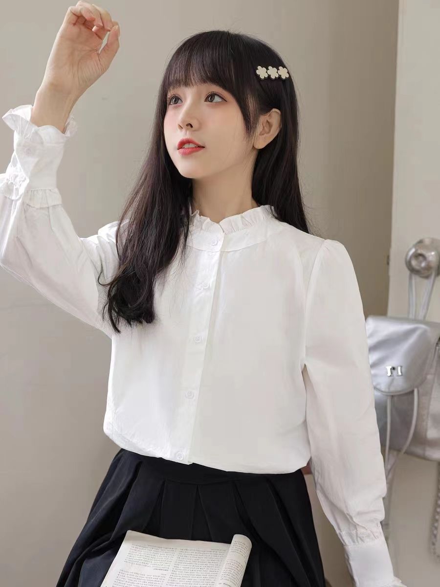 CONGRAZIO2023秋冬新款襯衫女寬鬆木耳邊顯瘦長袖甜美小衫襯衣女