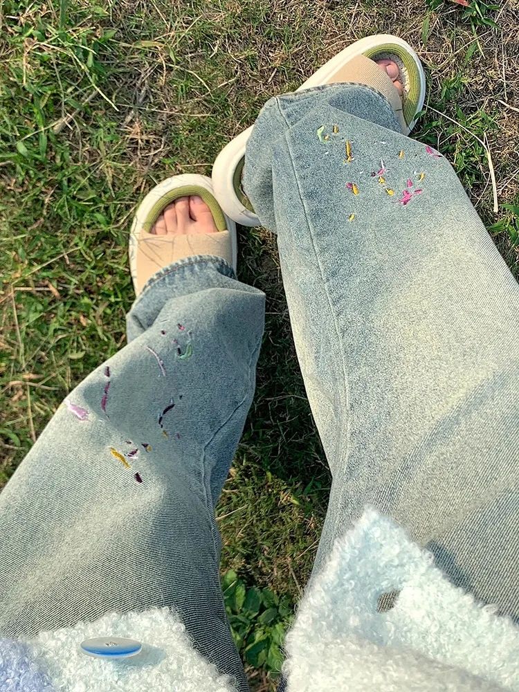 復古高街闊腿牛仔褲女秋季新款刺繡設計感高腰寬鬆直筒拖地褲子潮