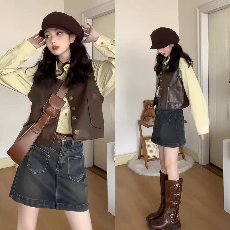 秋季溫柔系穿搭女2023新款韓版時尚甜妹馬甲襯衫牛仔半身裙三件套