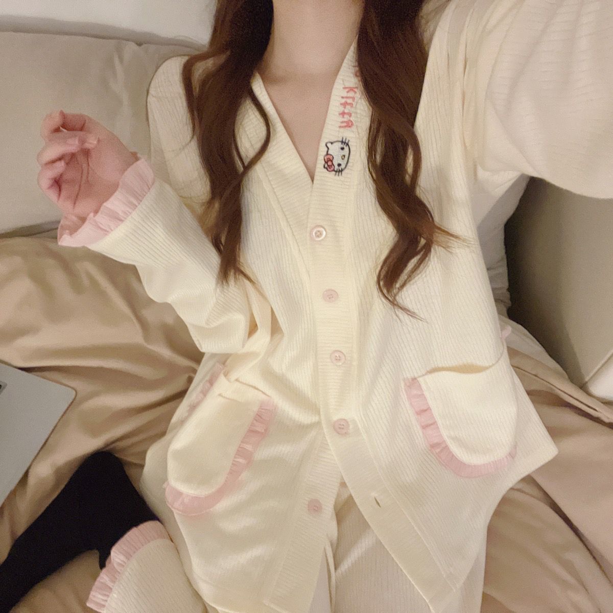 ins風甜美hellokitty睡衣女春秋季新款長袖長褲荷葉邊家居服套裝