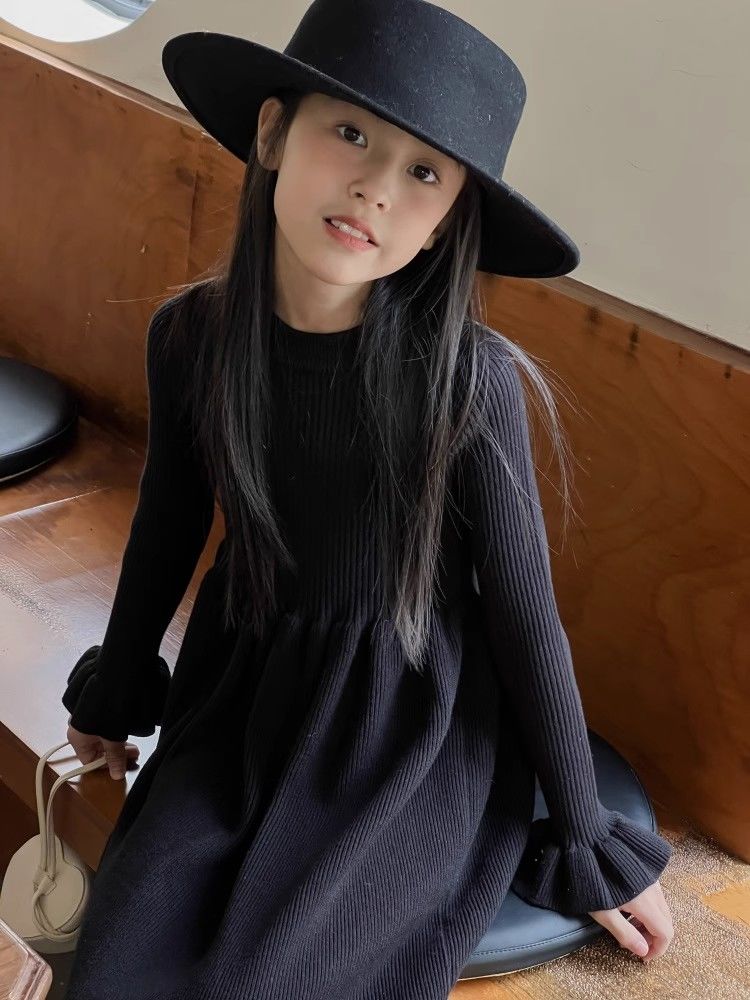 Girls Dress  Autumn and Winter New Style Children's Style Mid-Length Knitted Skirt Medium and Large Children's Bottoming Sweater Dress