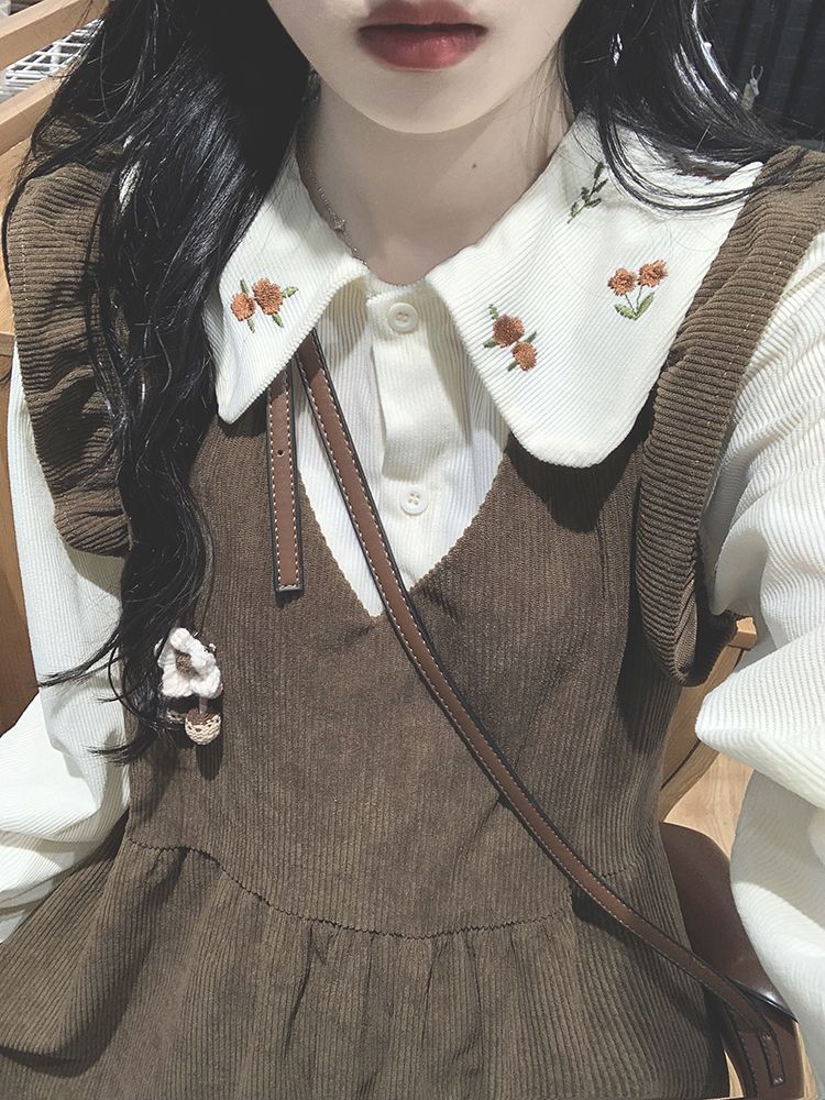 學院風甜美娃娃領襯衫燈芯絨背帶裙秋季新款木耳邊中長裙兩件套女