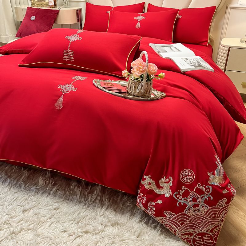 高档刺绣喜字龙凤结婚四件套婚床新婚床单被套大红色婚庆床上用品