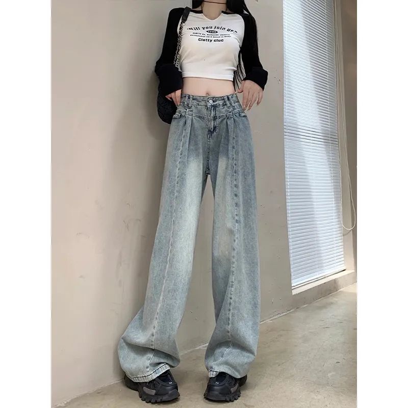 做舊復古高腰顯瘦闊腿牛仔褲女2023秋季新款設計感寬鬆休閒拖地褲