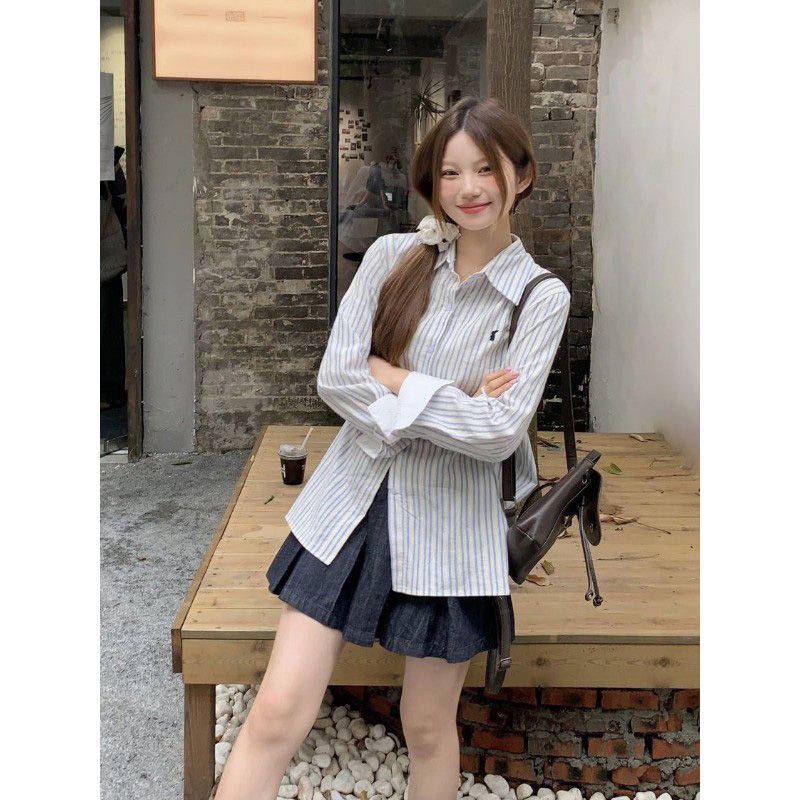 法式設計感別致長袖條紋襯衫純棉百搭甜美春秋洋氣小眾捏褶上衣女