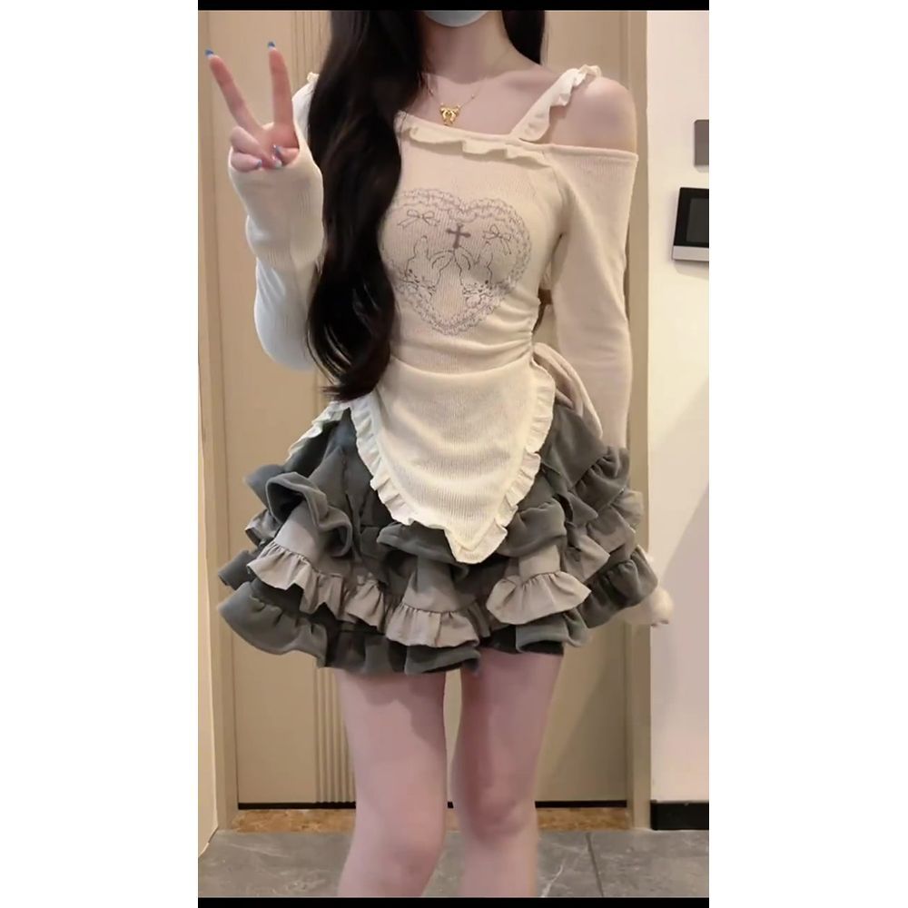 少女風格十字契約早秋穿搭套裝2024米色上衣超重工蛋糕短裙兩件套