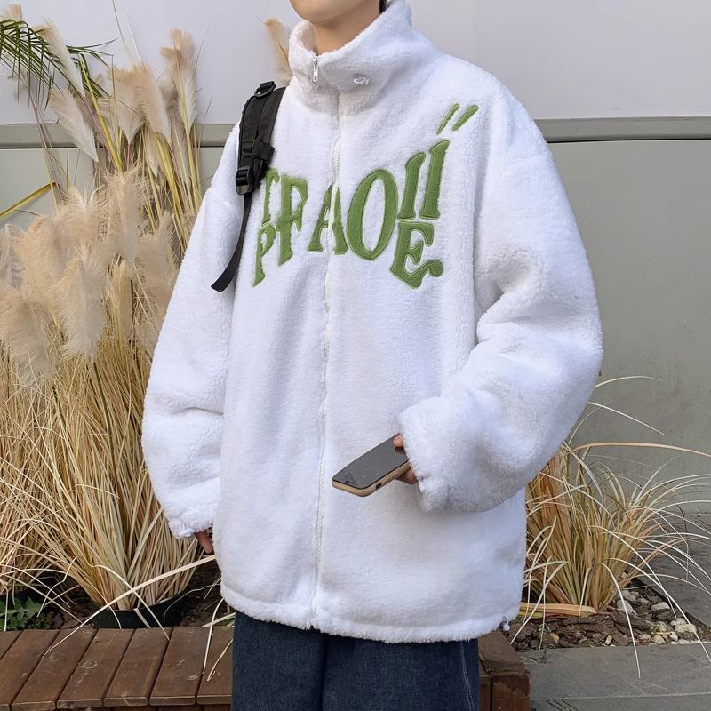 美式羊羔毛外套男秋季潮牌ins刺繡開衫衛衣重磅寬鬆情侶連帽上衣